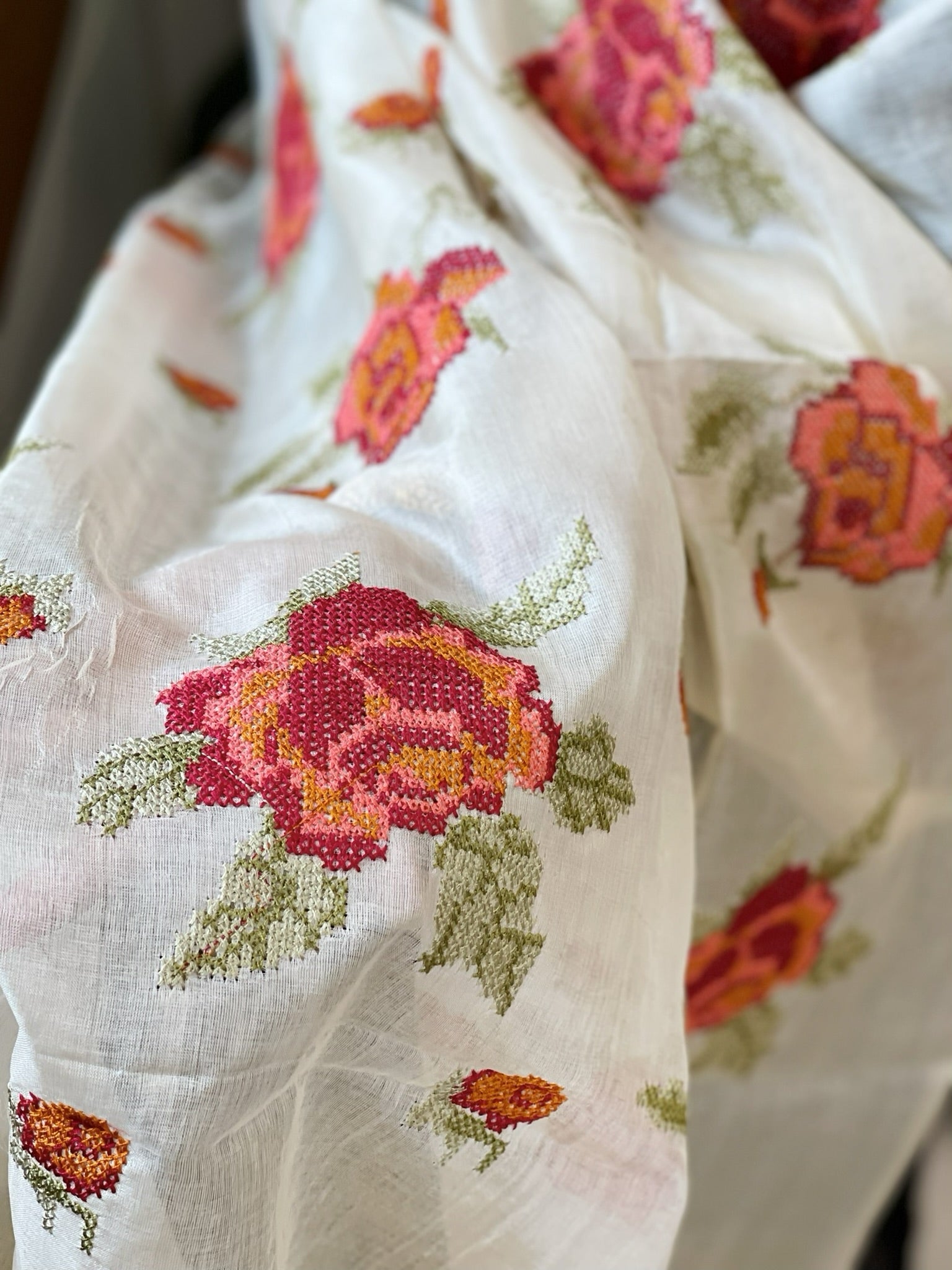 Tussar Silk Dupatta with cross - stitch embroidery - Masakalee