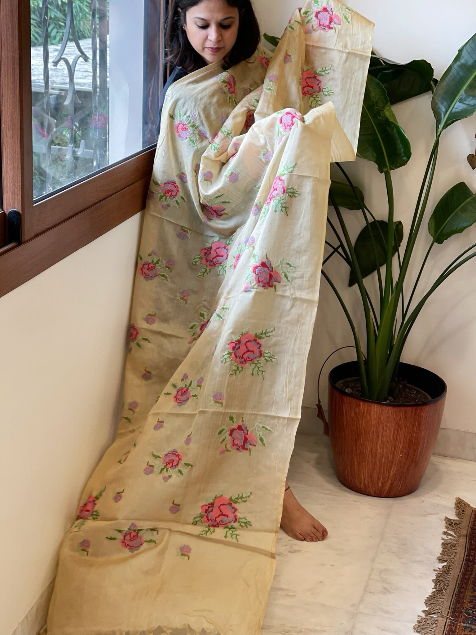 Tussar Silk Dupatta with cross - stitch embroidery - Masakalee