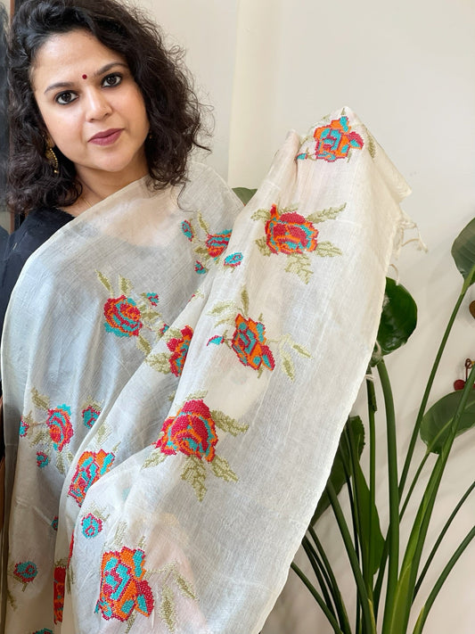 Tussar Silk Dupatta with cross - stitch embroidery - Masakalee
