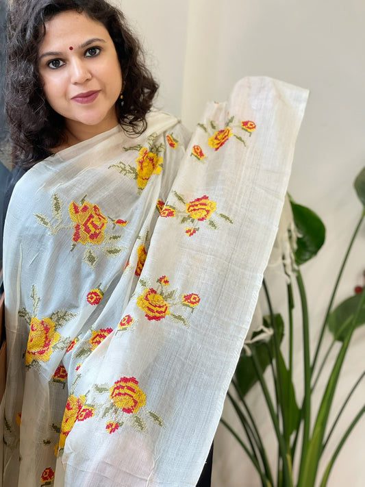 Tussar Silk Dupatta with cross - stitch embroidery - Masakalee
