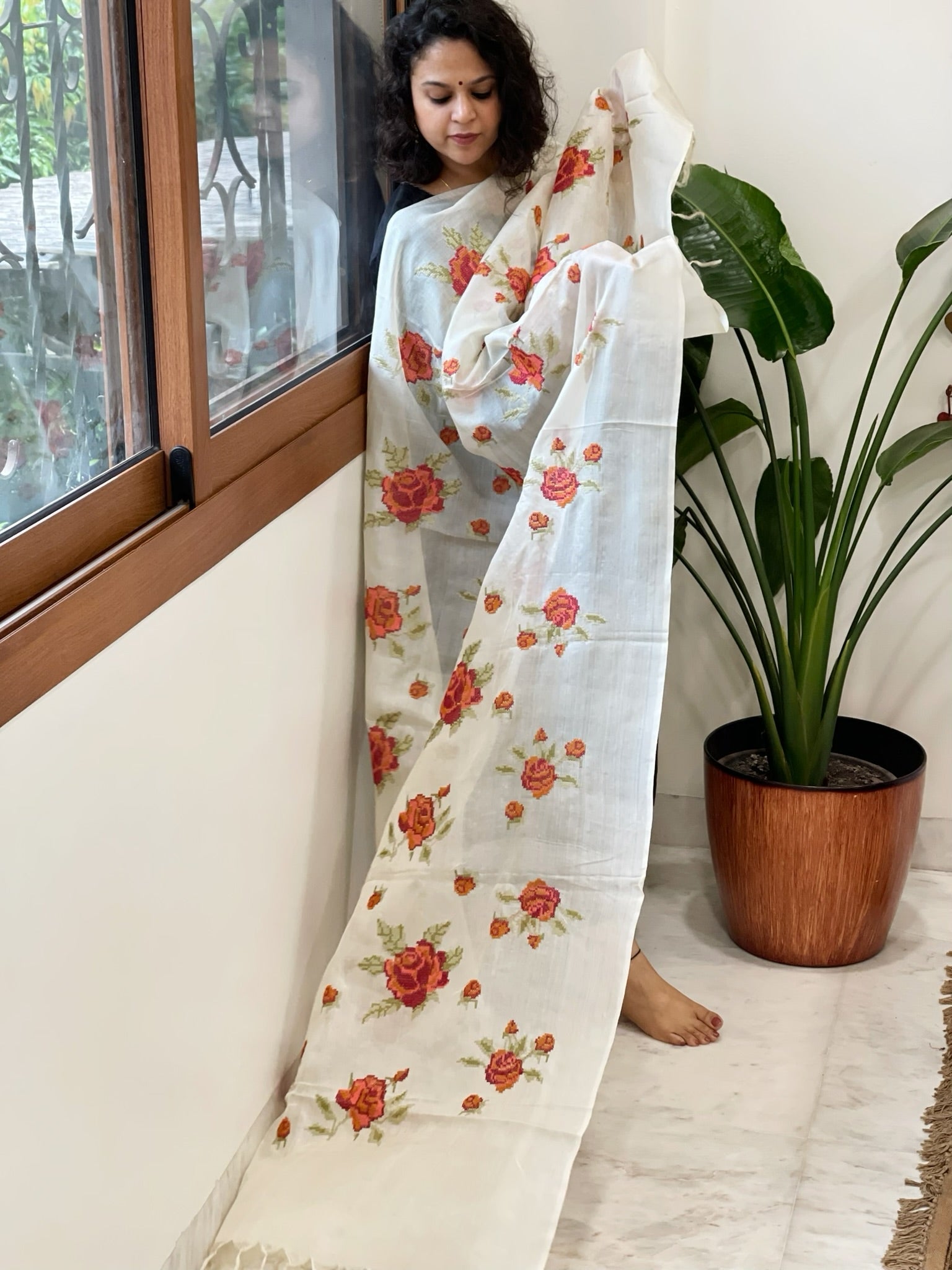 Tussar Silk Dupatta with cross - stitch embroidery - Masakalee