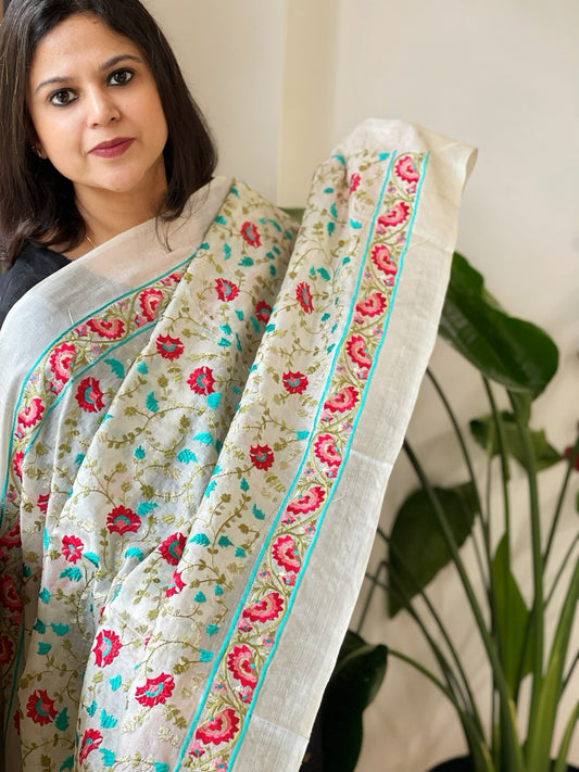 Tussar Silk dupatta with Thread Jaal Embroidery - Masakalee