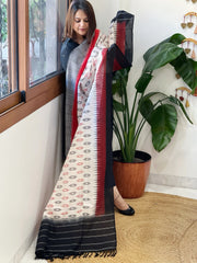 White, Black Handwoven Ikat Dupatta in Cotton - Masakalee