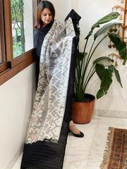 White, Black Handwoven Ikat Dupatta in Cotton - Masakalee
