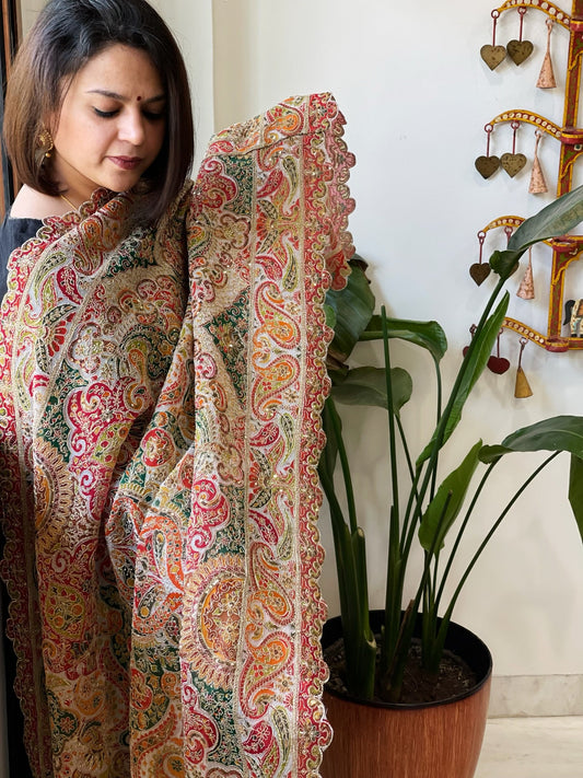 White Chinon Dupatta with Aari Embroidery - Masakalee