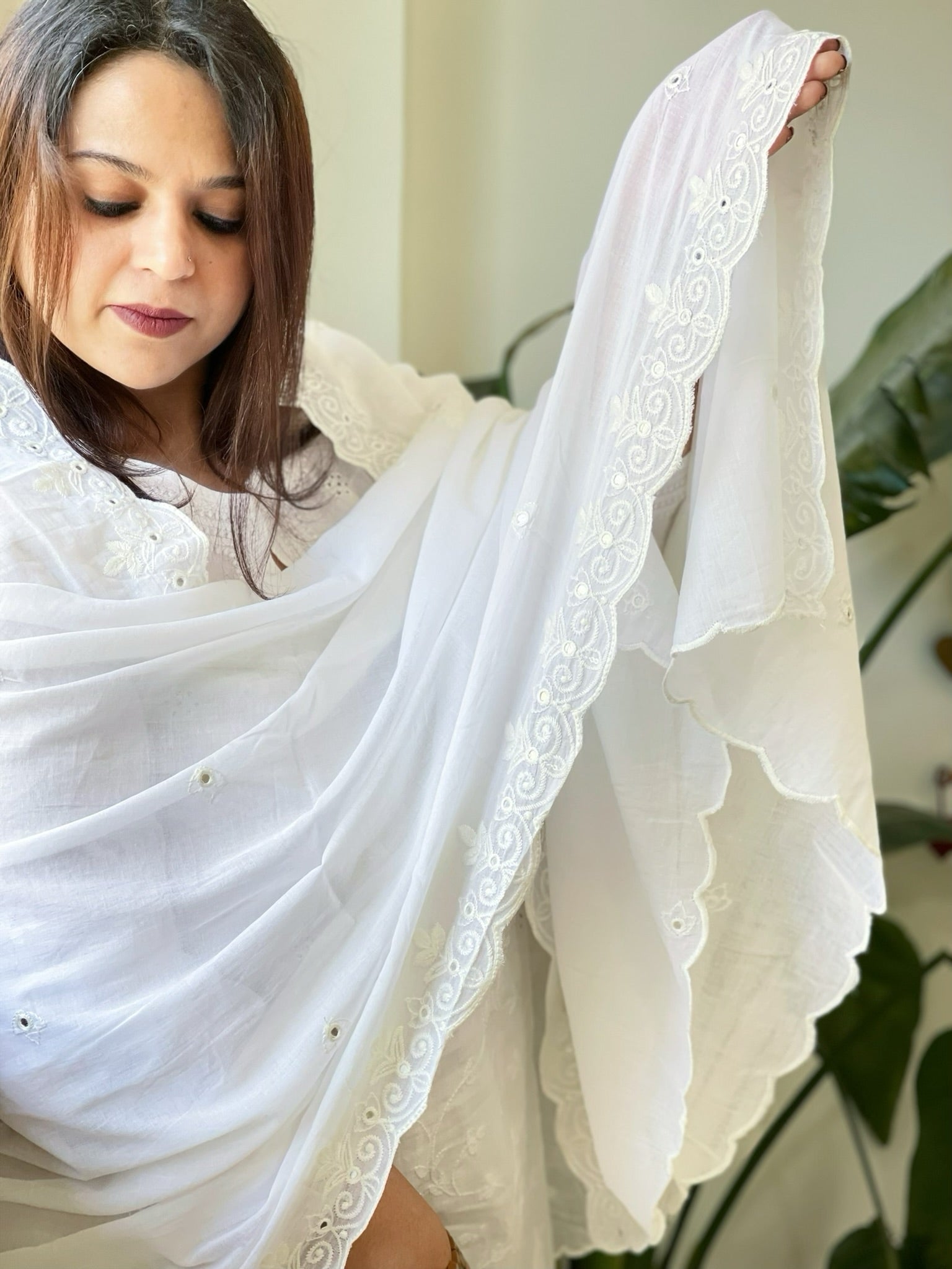 White Cotton Dupatta with Thread Jaal Embroidery - Masakalee