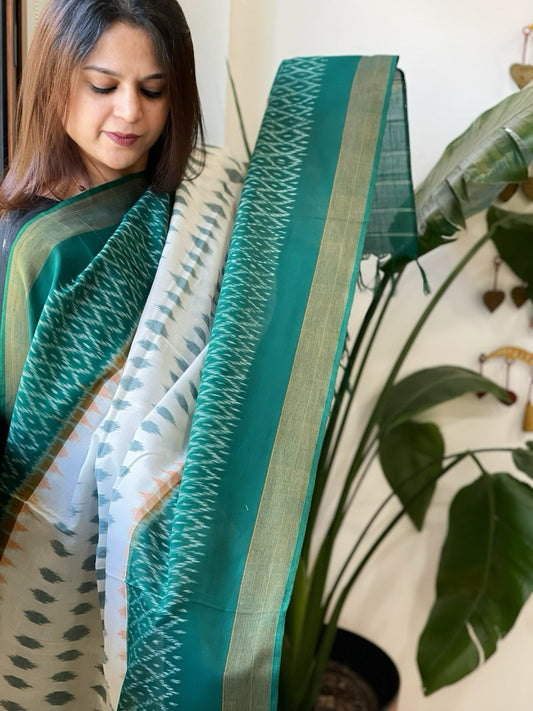 White, Green Handwoven Ikat Dupatta in Cotton - Masakalee