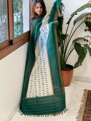 White, Green Handwoven Ikat Dupatta in Cotton - Masakalee
