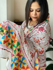 White Handmade Phulkari Dupatta in Pure Chinon with Gotapatti Handwork - Masakalee