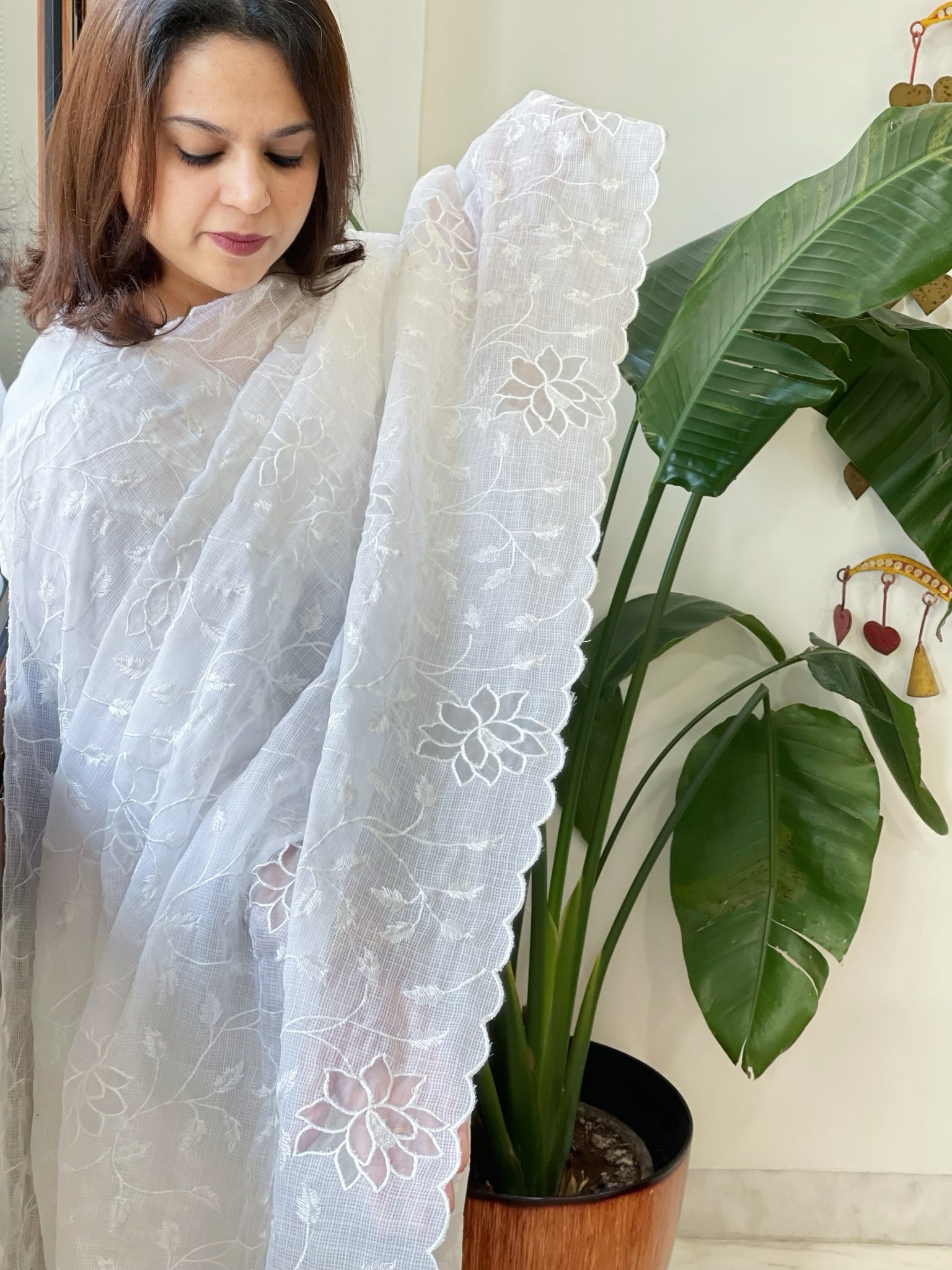 White Jaal Cut Work Dupatta in Kota Cotton - Masakalee