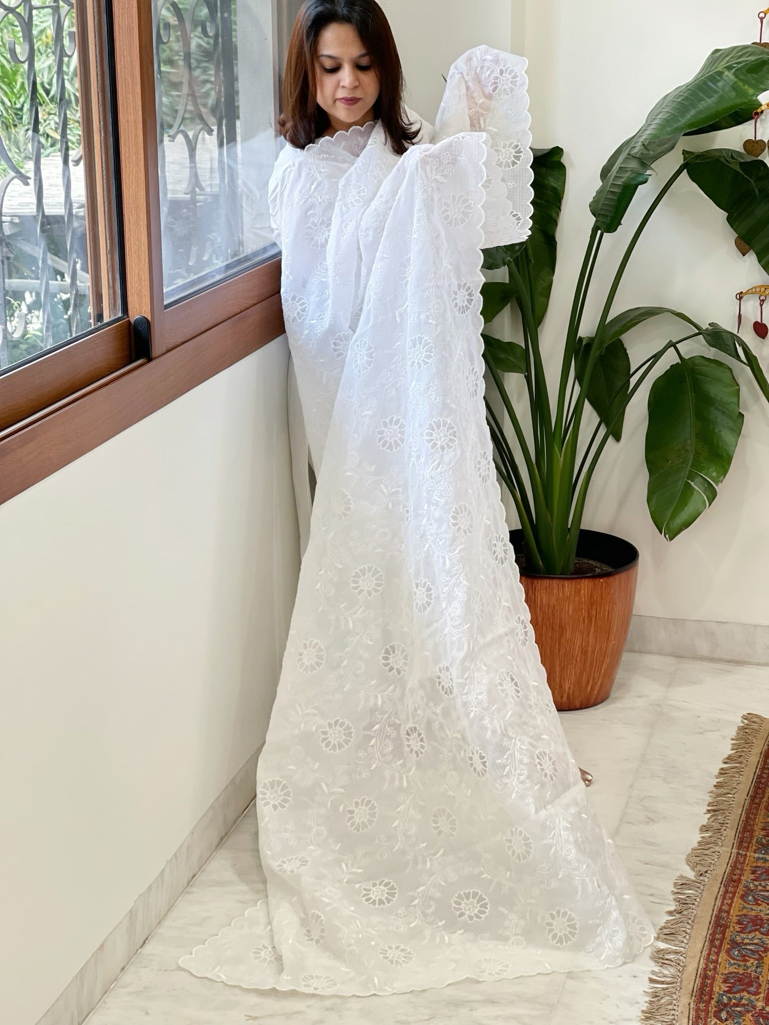 White Jaal Cut Work Dupatta in Kota Cotton - Masakalee