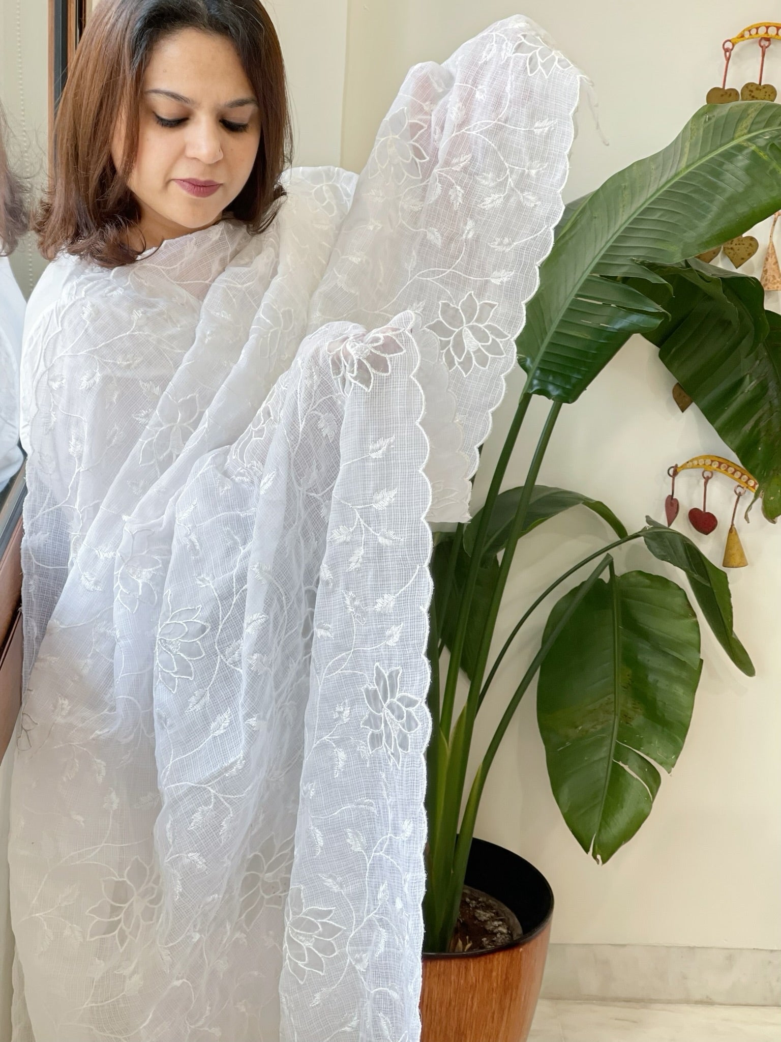 White Jaal Cut Work Dupatta in Kota Cotton - Masakalee