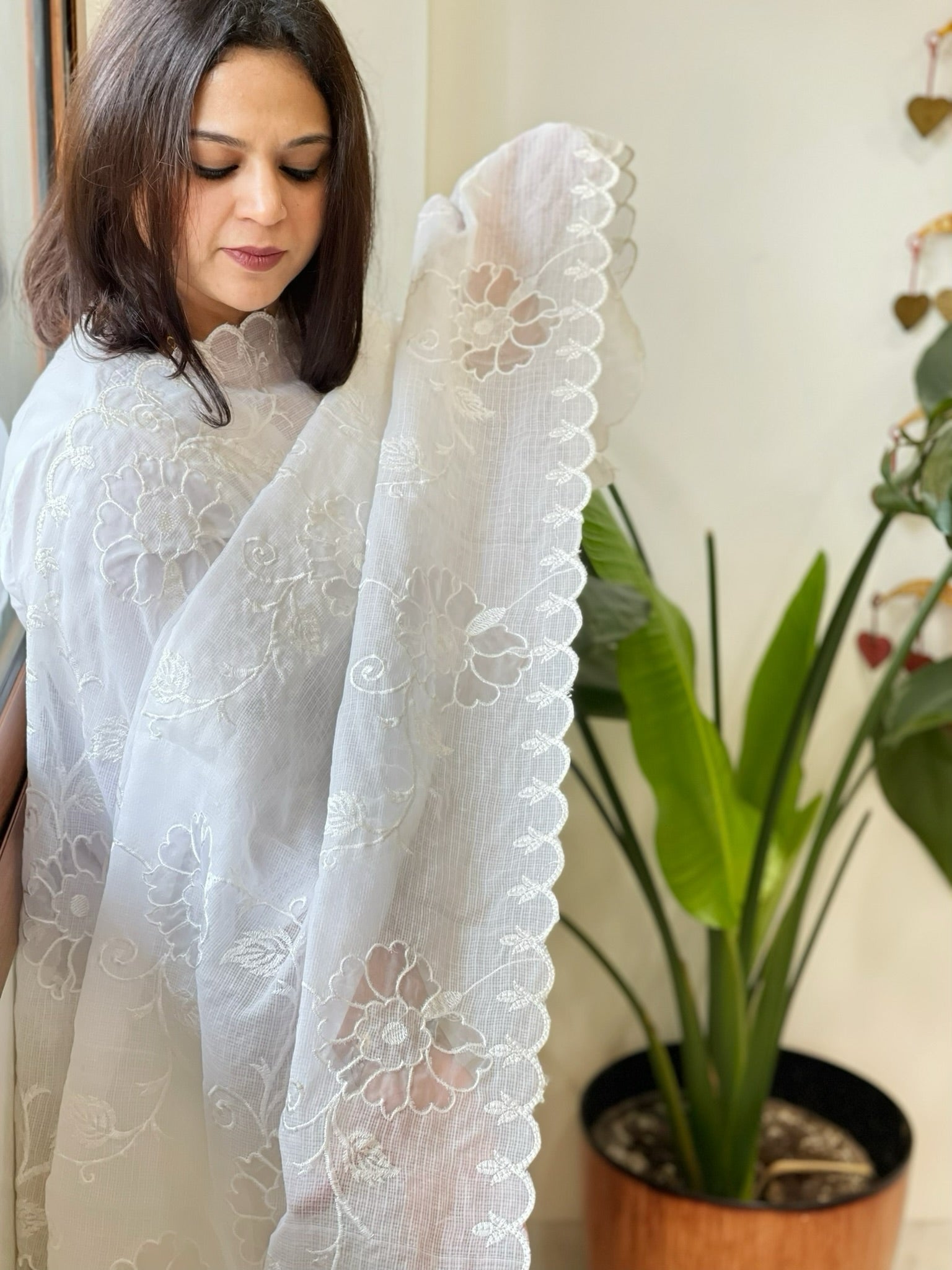 White Jaal Cut Work Dupatta in Kota Cotton - Masakalee