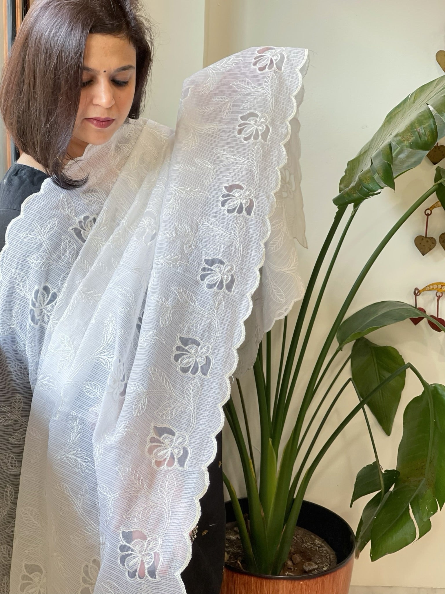 White Jaal Cut Work Dupatta in Kota Cotton - Masakalee