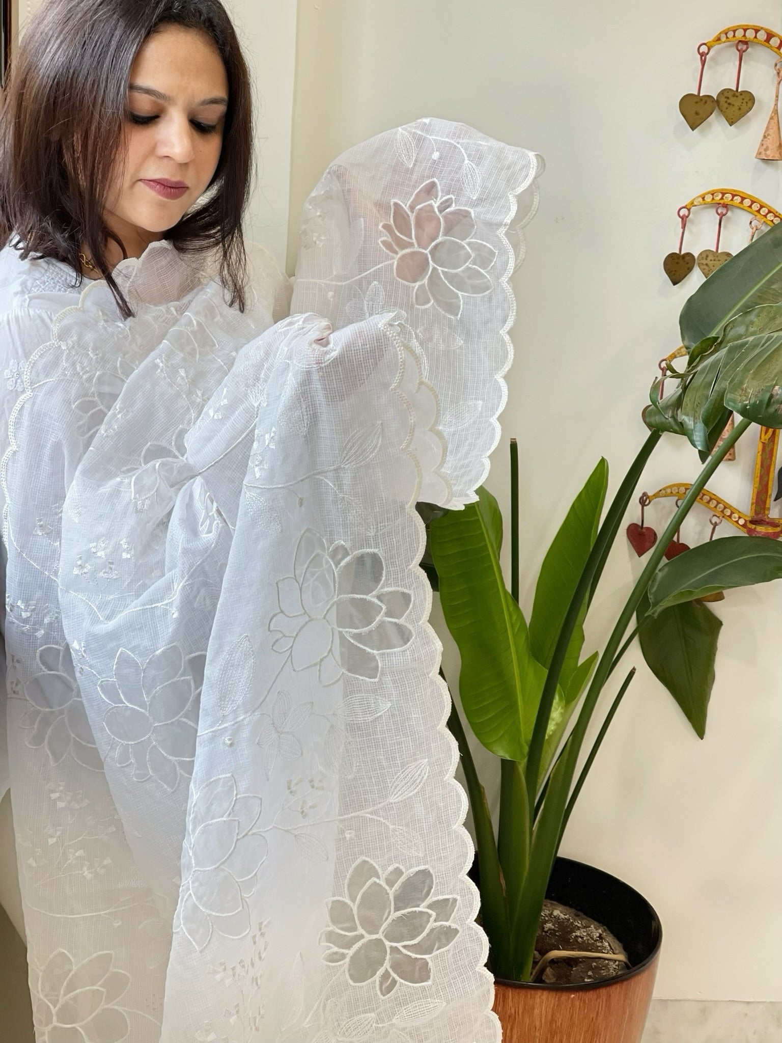 White Jaal Cut Work Dupatta in Kota Cotton - Masakalee
