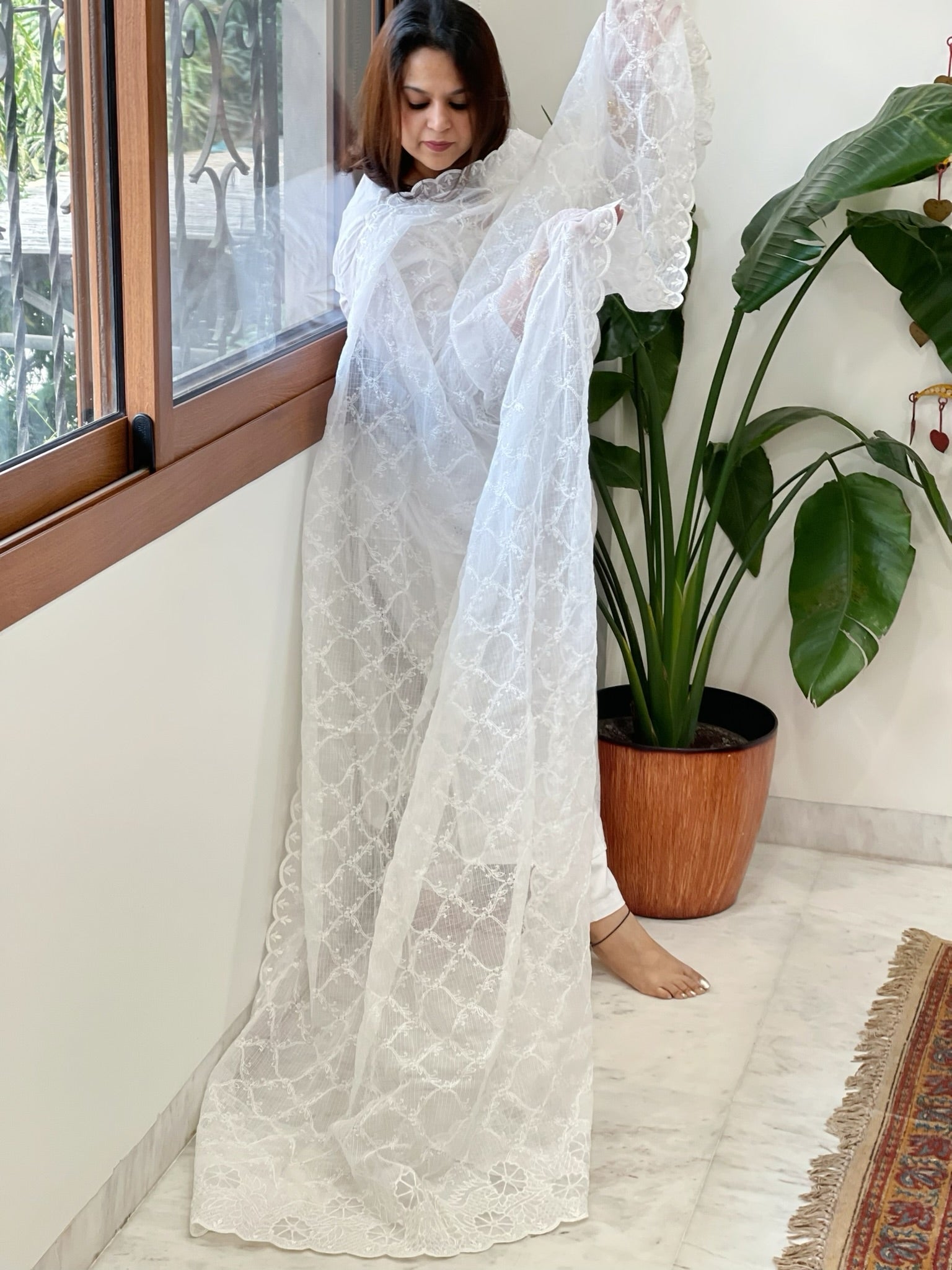 White Jaal Cut Work Dupatta in Kota Cotton - Masakalee