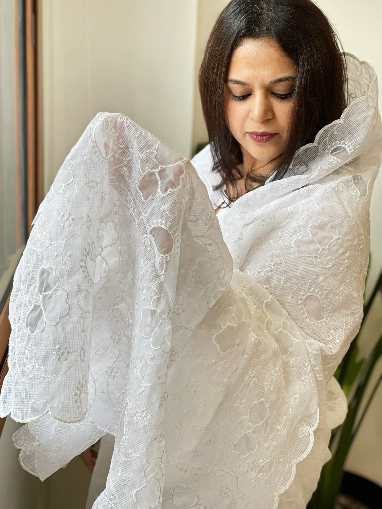 White Jaal Cut Work Dupatta in Kota Cotton - Masakalee