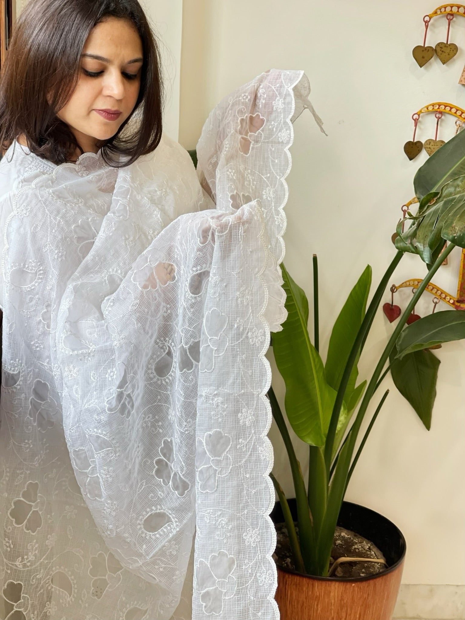 White Jaal Cut Work Dupatta in Kota Cotton - Masakalee
