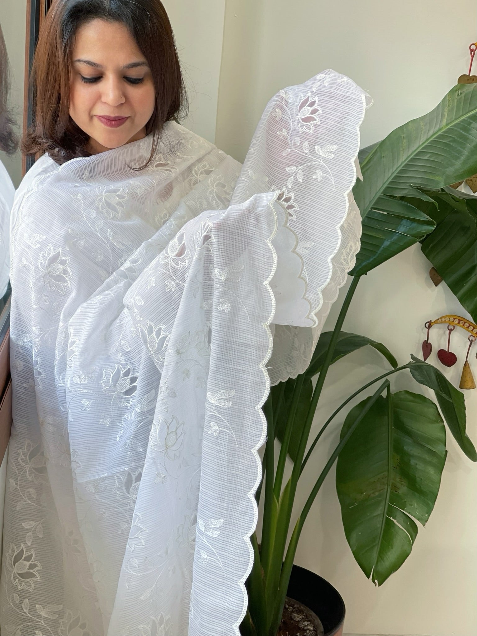 White Jaal Cut Work Dupatta in Kota Cotton - Masakalee