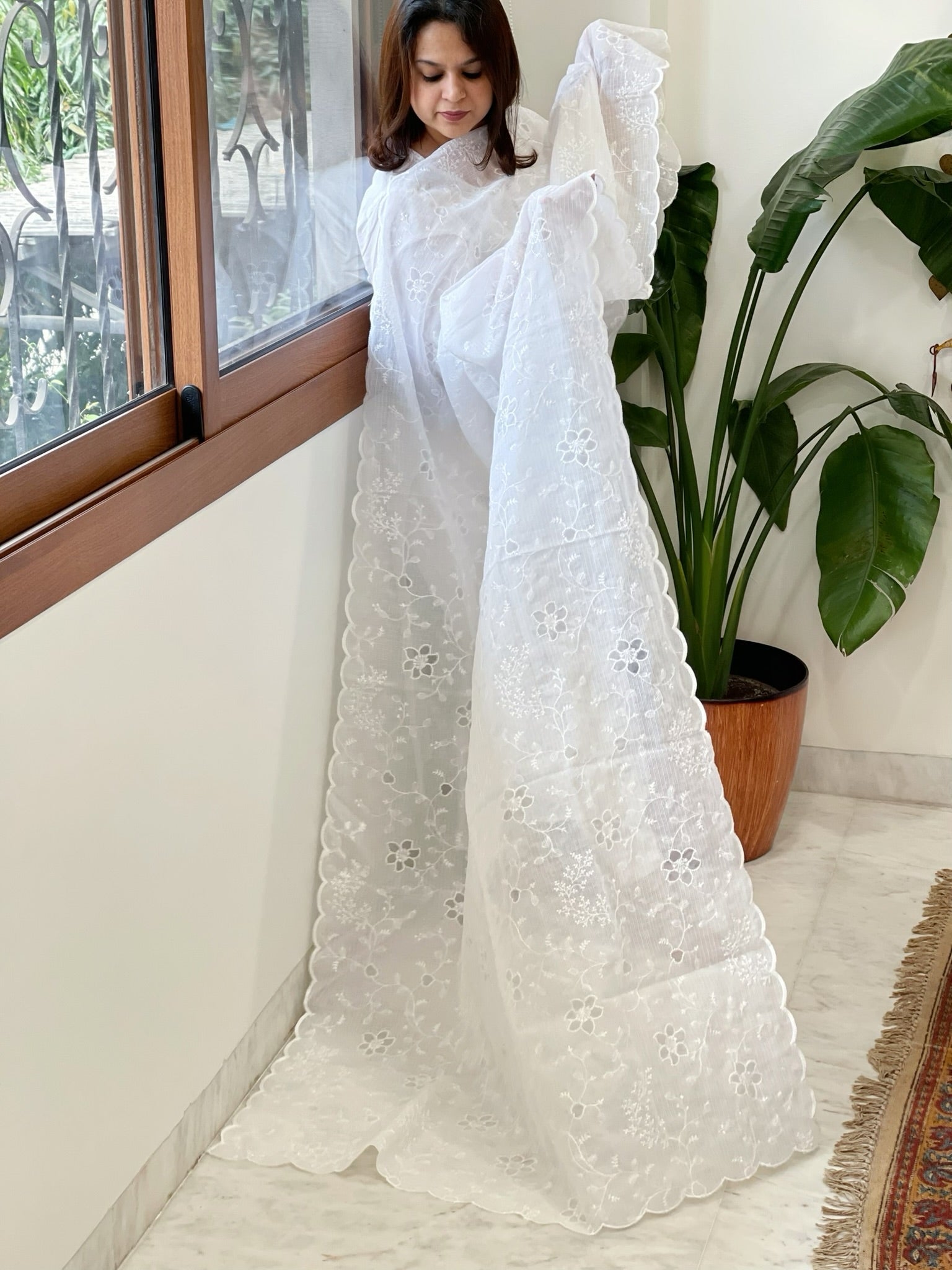 White Jaal Cut Work Dupatta in Kota Cotton - Masakalee