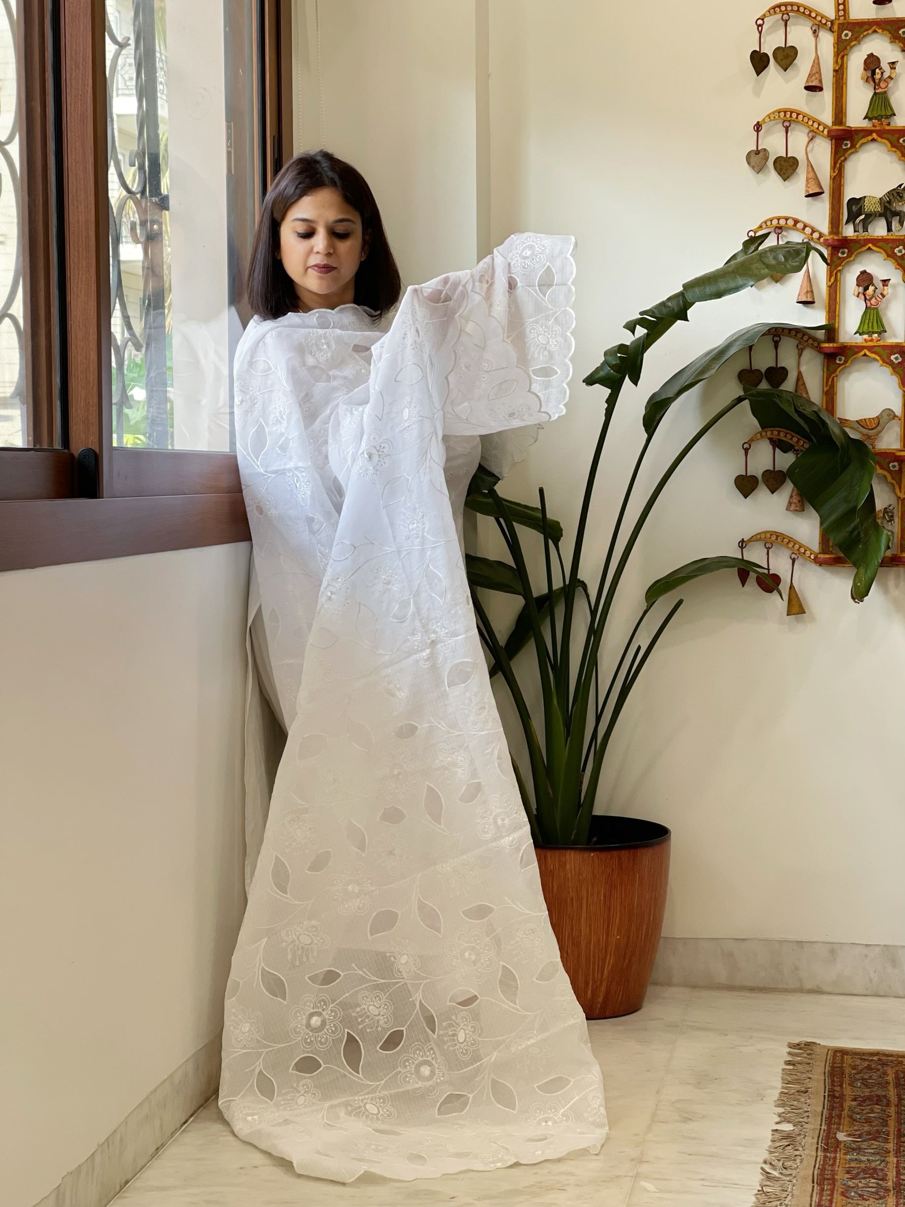 White Jaal Cut Work Dupatta in Kota Cotton - Masakalee