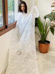 White Jaal Cut Work Dupatta in Kota Cotton - Masakalee