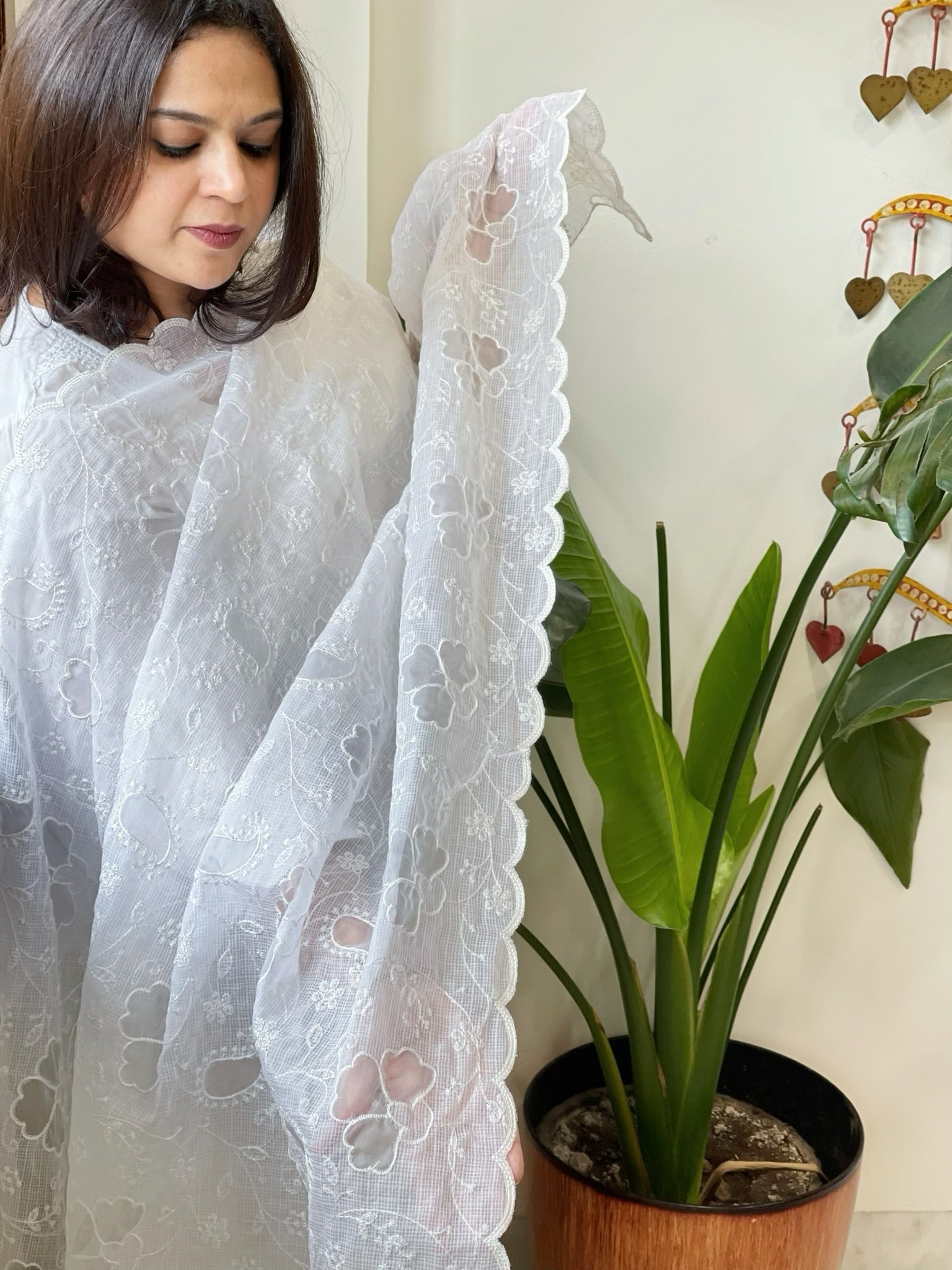 White Jaal Cut Work Dupatta in Kota Cotton - Masakalee