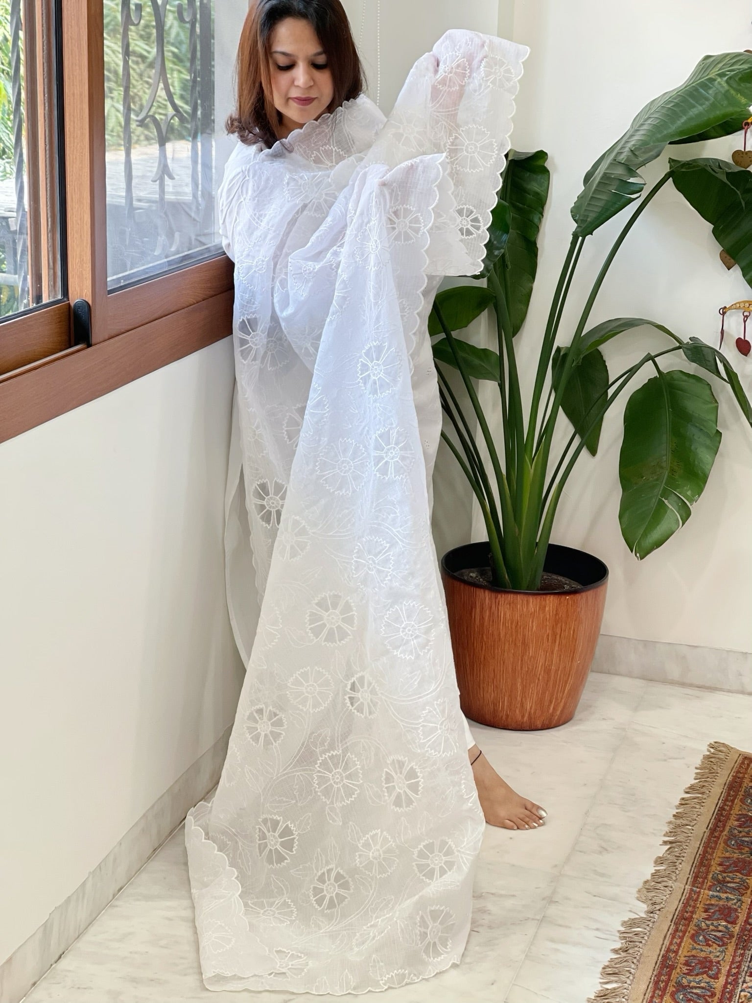 White Jaal Cut Work Dupatta in Kota Cotton - Masakalee