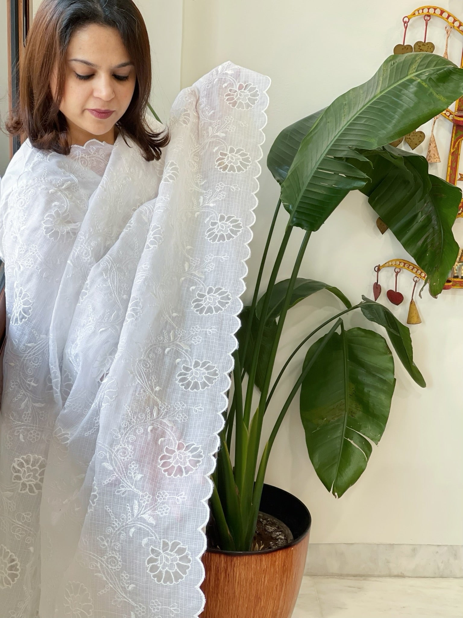 White Jaal Cut Work Dupatta in Kota Cotton - Masakalee