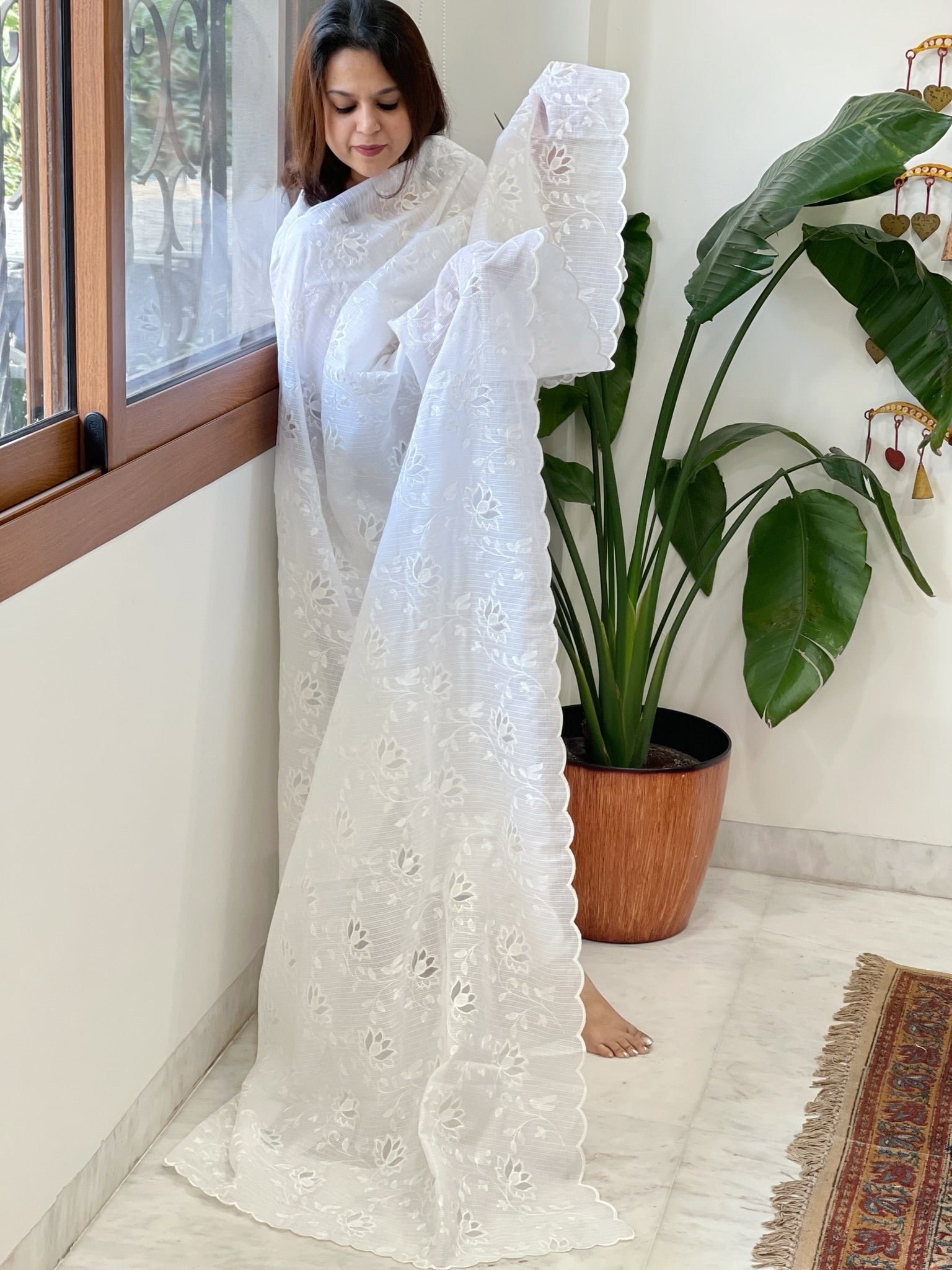 White Jaal Cut Work Dupatta in Kota Cotton - Masakalee