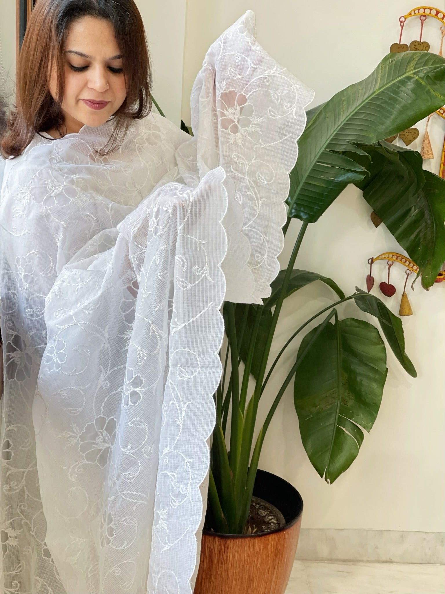 White Jaal Cut Work Dupatta in Kota Cotton - Masakalee