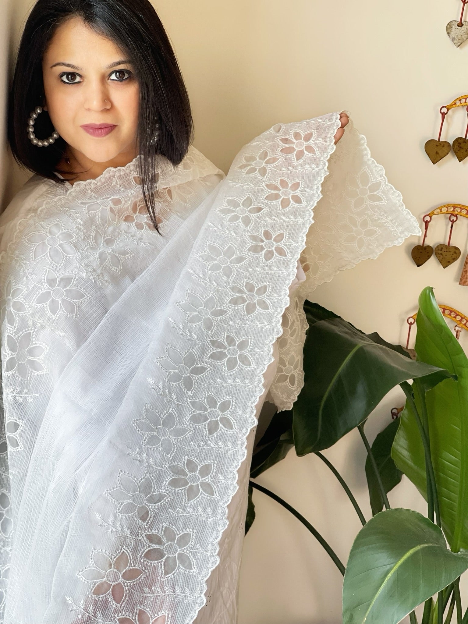 White Kota Cotton Dupatta with Cut Work - Masakalee