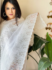 White Kota Cotton Dupatta with Cut Work - Masakalee