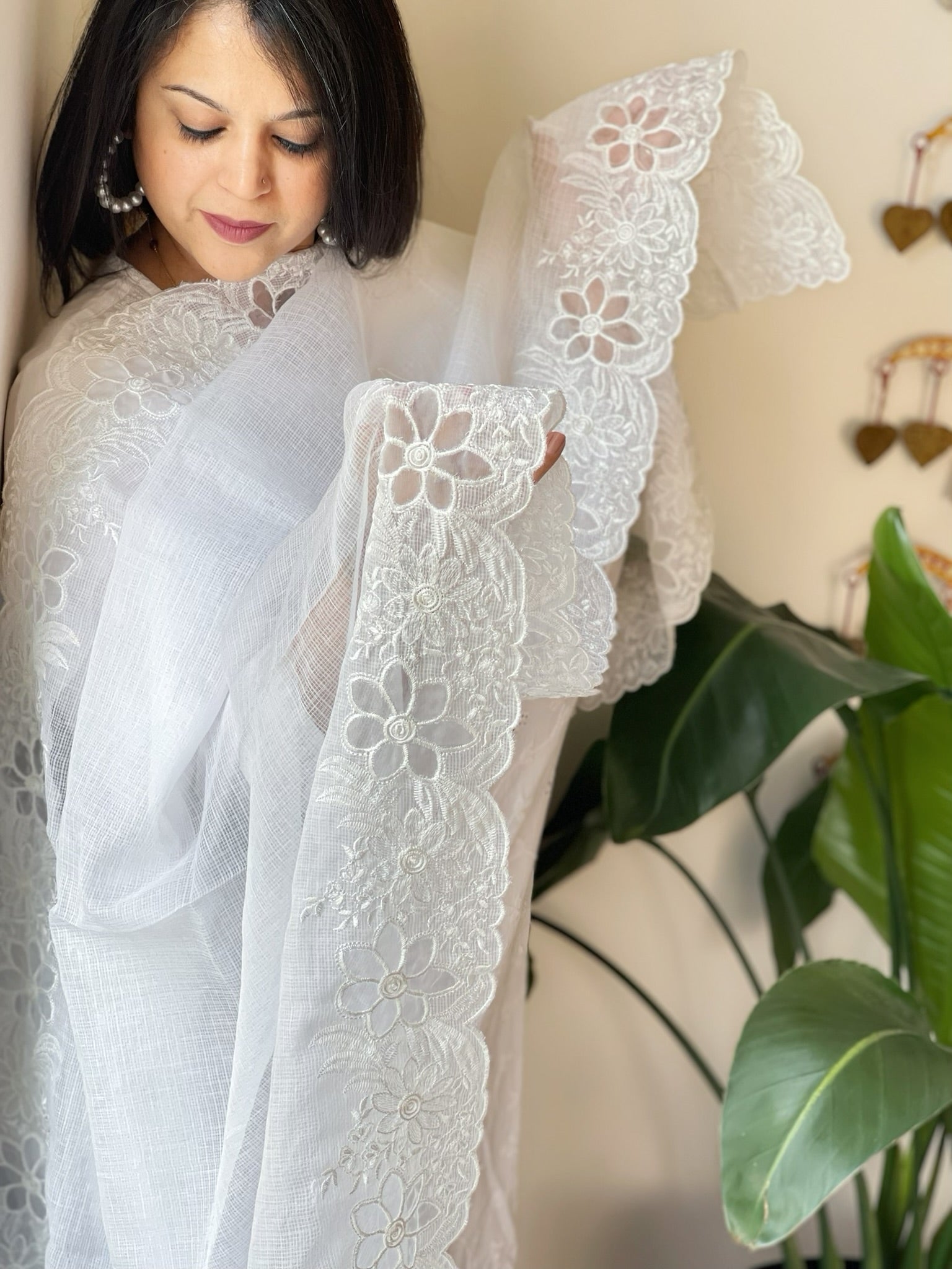 White Kota Cotton Dupatta with Cut Work - Masakalee