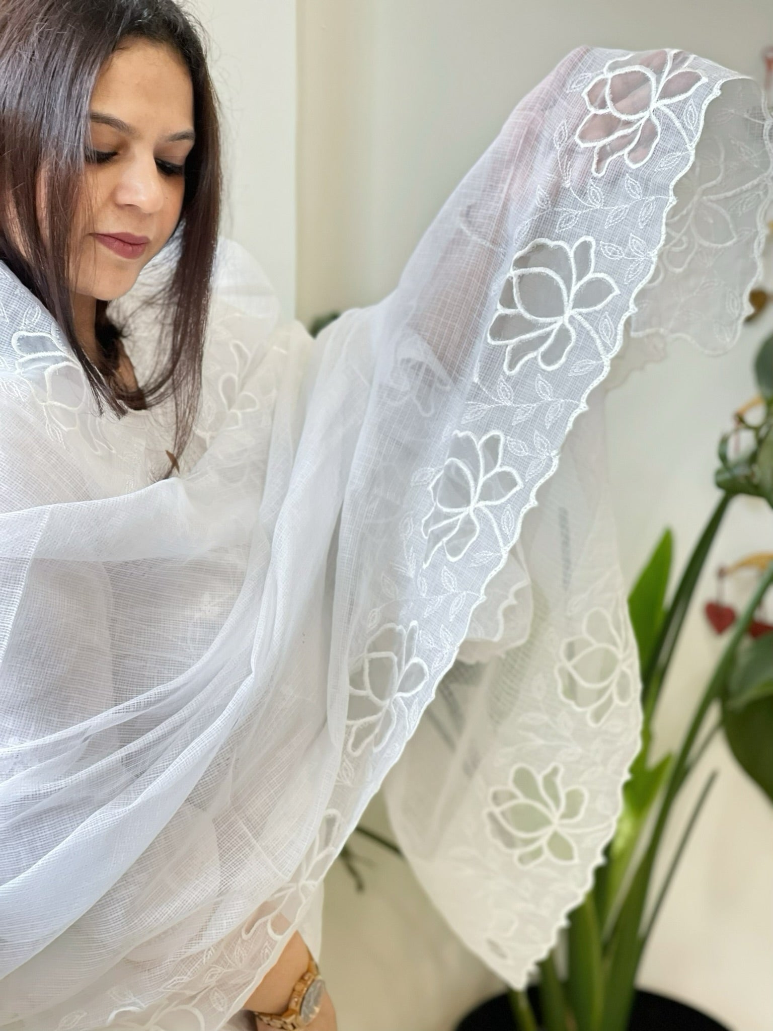 White Kota Cotton Dupatta with Cut Work - Masakalee
