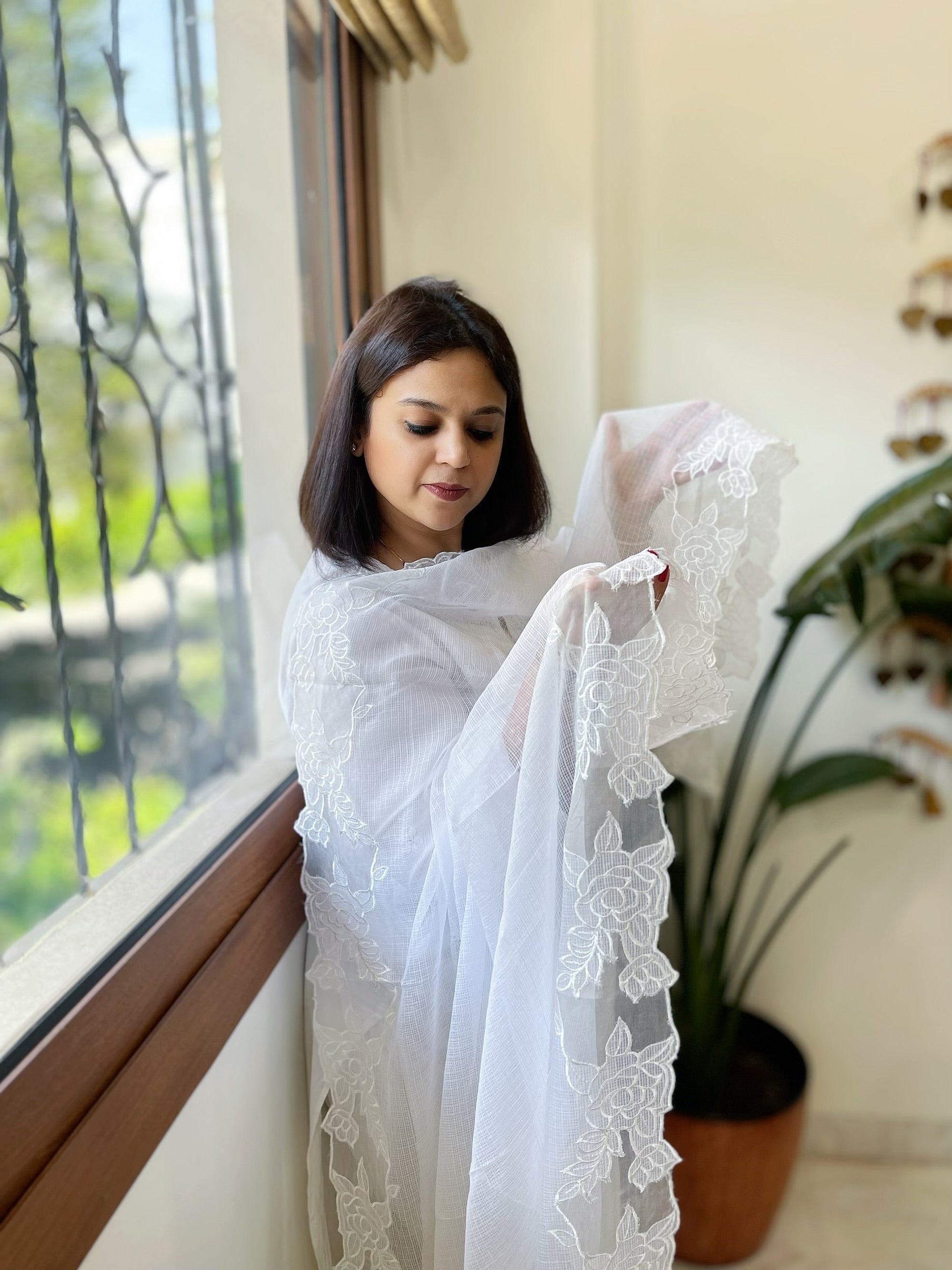 White Kota Cotton Dupatta with Cut Work - Masakalee