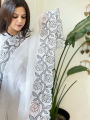 White Kota Cotton Dupatta with Cut Work - Masakalee