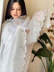 White Kota Cotton Dupatta with Cut Work - Masakalee