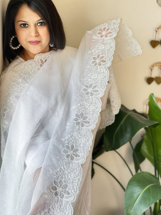 White Kota Cotton Dupatta with Cut Work - Masakalee