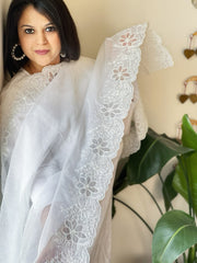 White Kota Cotton Dupatta with Cut Work - Masakalee