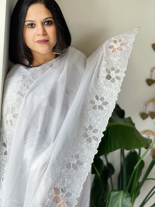 White Kota Cotton Dupatta with Cut Work - Masakalee