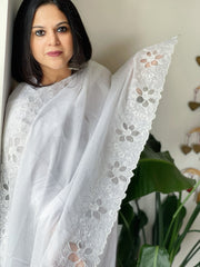 White Kota Cotton Dupatta with Cut Work - Masakalee
