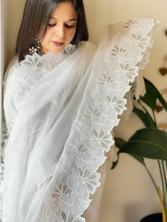 White Kota Cotton Dupatta with Cut Work - Masakalee