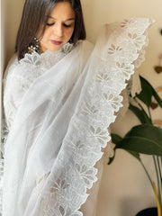 White Kota Cotton Dupatta with Cut Work - Masakalee