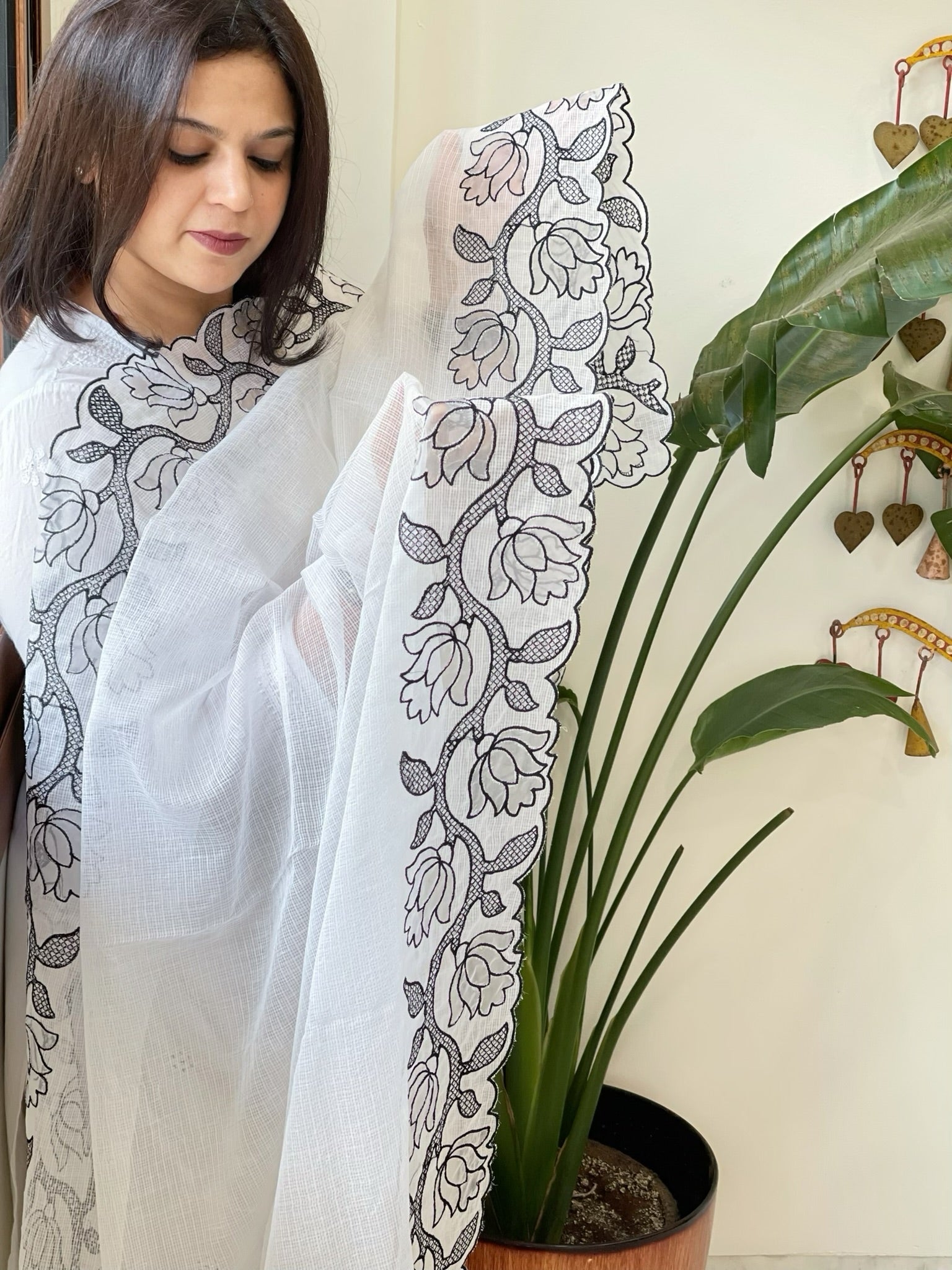 White Kota Cotton Dupatta with Cut Work - Masakalee