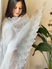 White Kota Cotton Dupatta with Cut Work - Masakalee