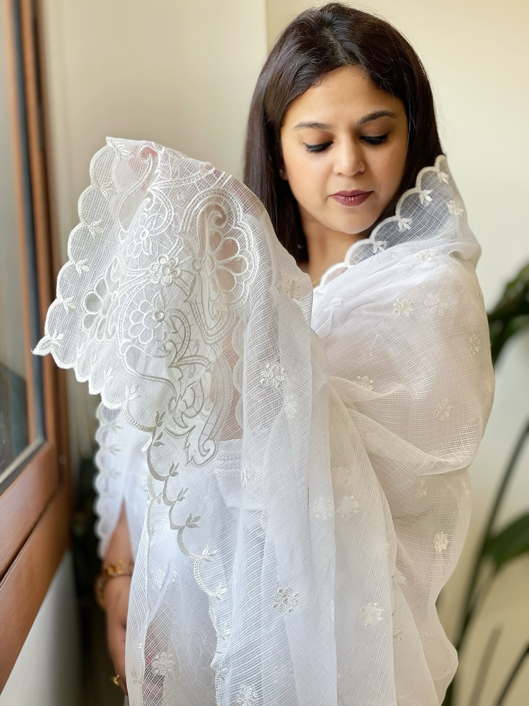 White Kota Cotton Dupatta with Cut Work - Masakalee