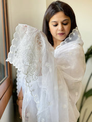 White Kota Cotton Dupatta with Cut Work - Masakalee