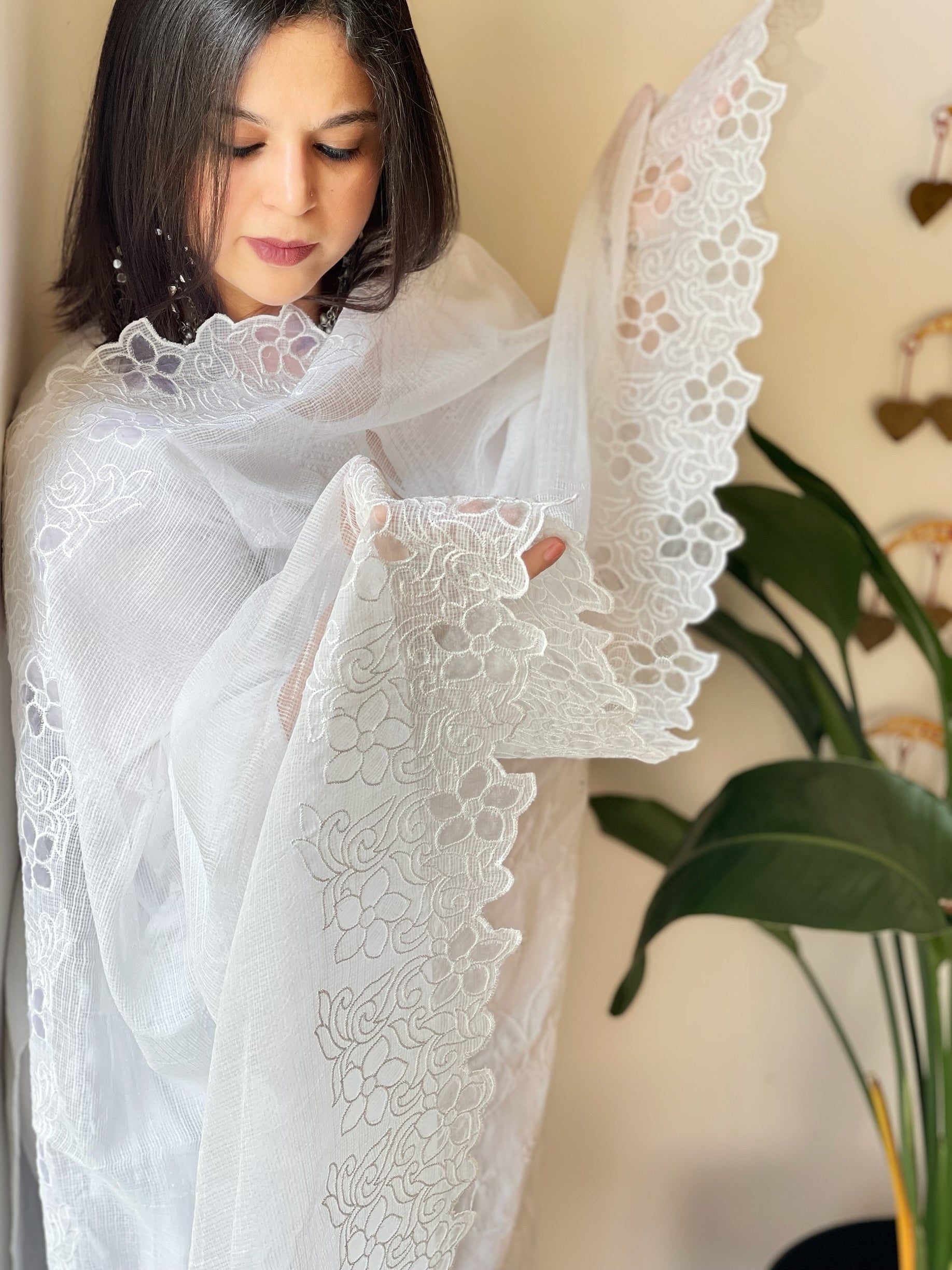 White Kota Cotton Dupatta with Cut Work - Masakalee