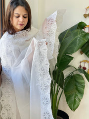 White Kota Cotton Dupatta with Cut Work - Masakalee